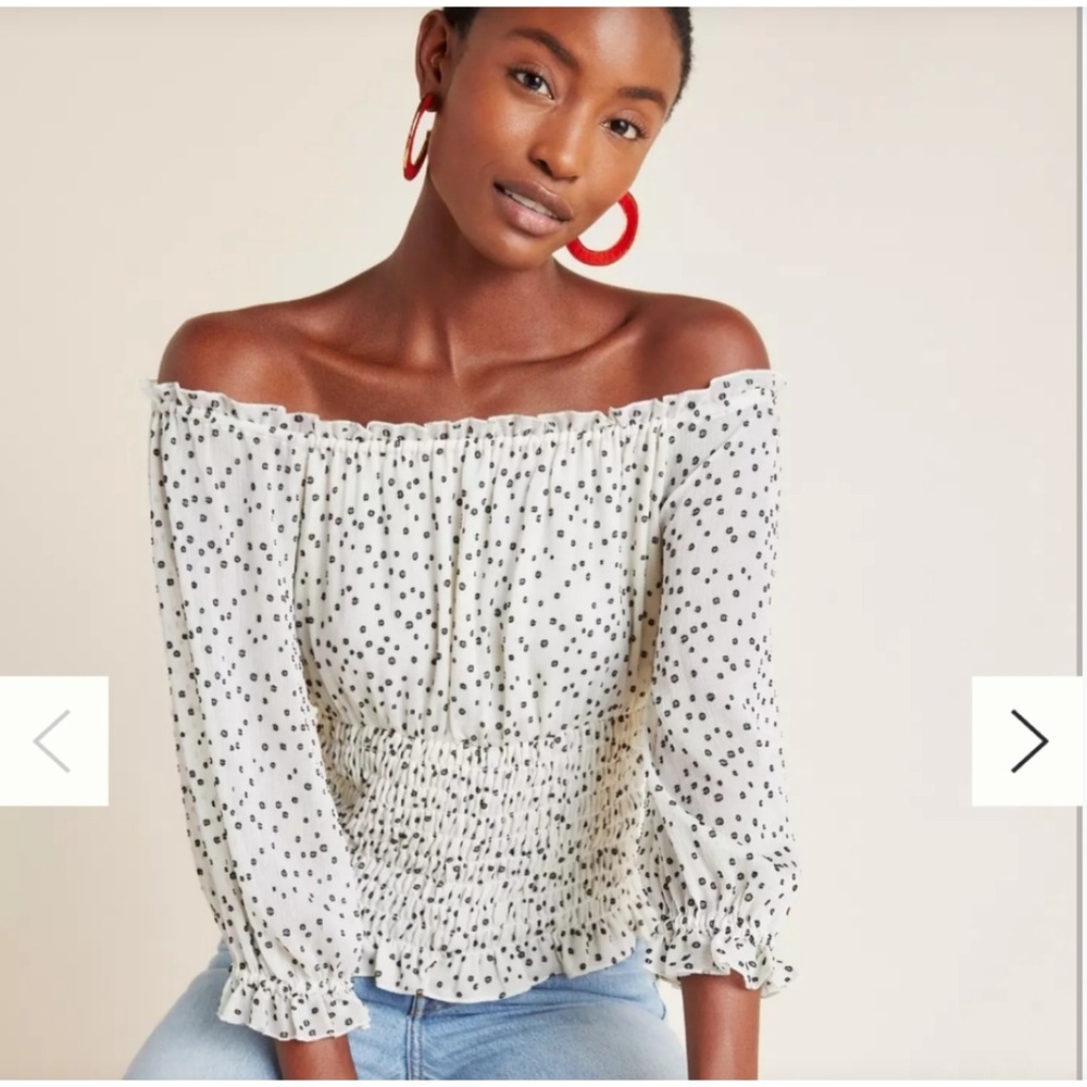 Anthropologie Lucia Off-the-Shoulder Smocked Blouse Polka Dot‎ top size L